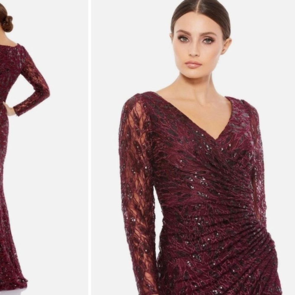 Mac Duggal V-neck Long Sleeve Sequined Lace High Slit Gown in Garnet Size 14 - Picture 5 of 7